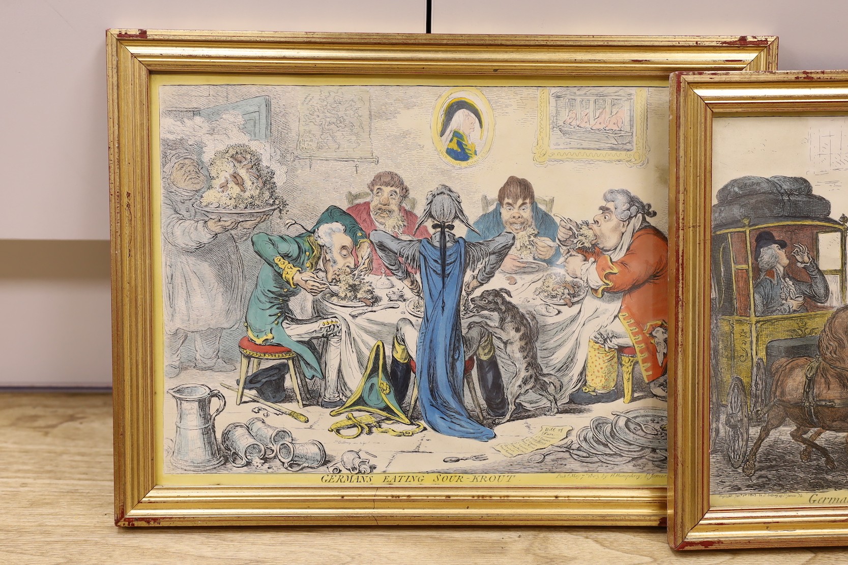 After Gilray, two steel engravings, 'German Nonchalance' and 'Germans eating sour-krout’, largest 27 x 37cm